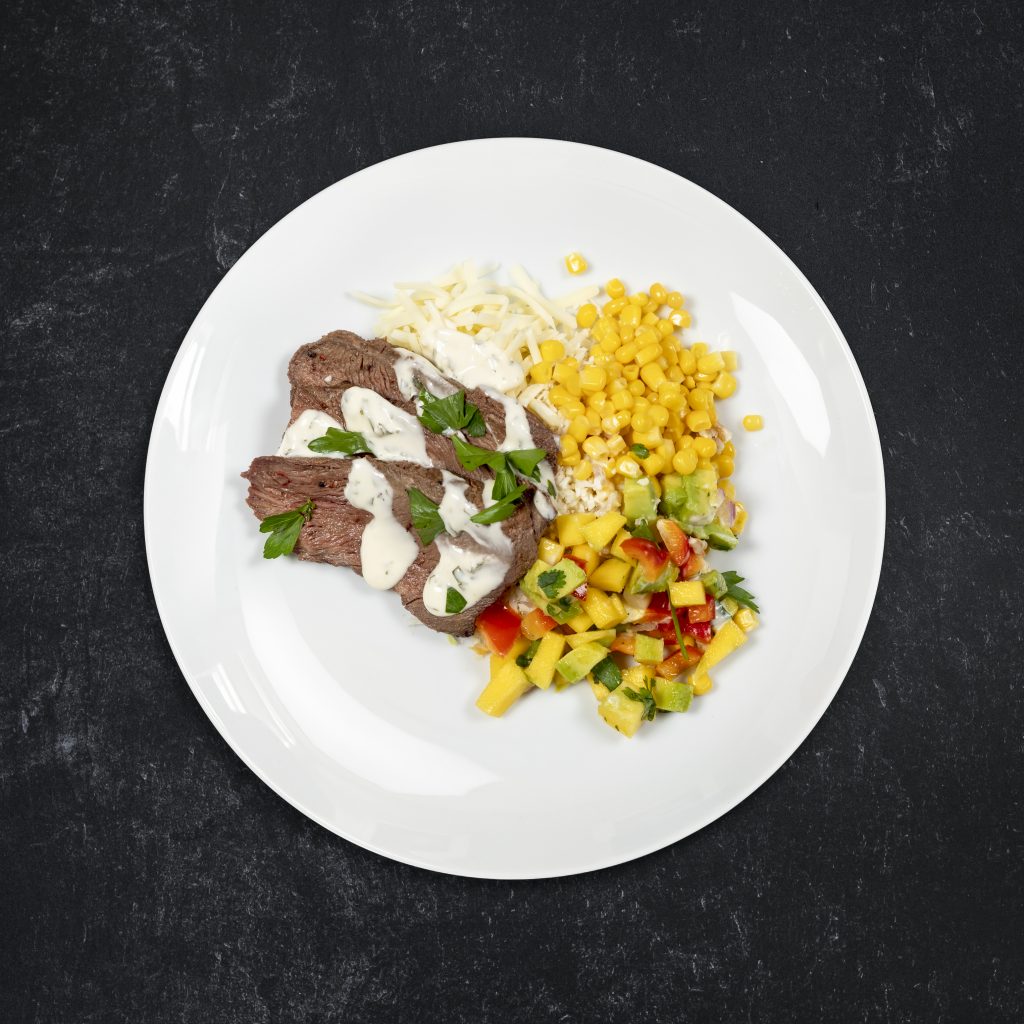Grilled Steak Burrito Bowl with Cauliflower Rice & MangoAvocado Salsa