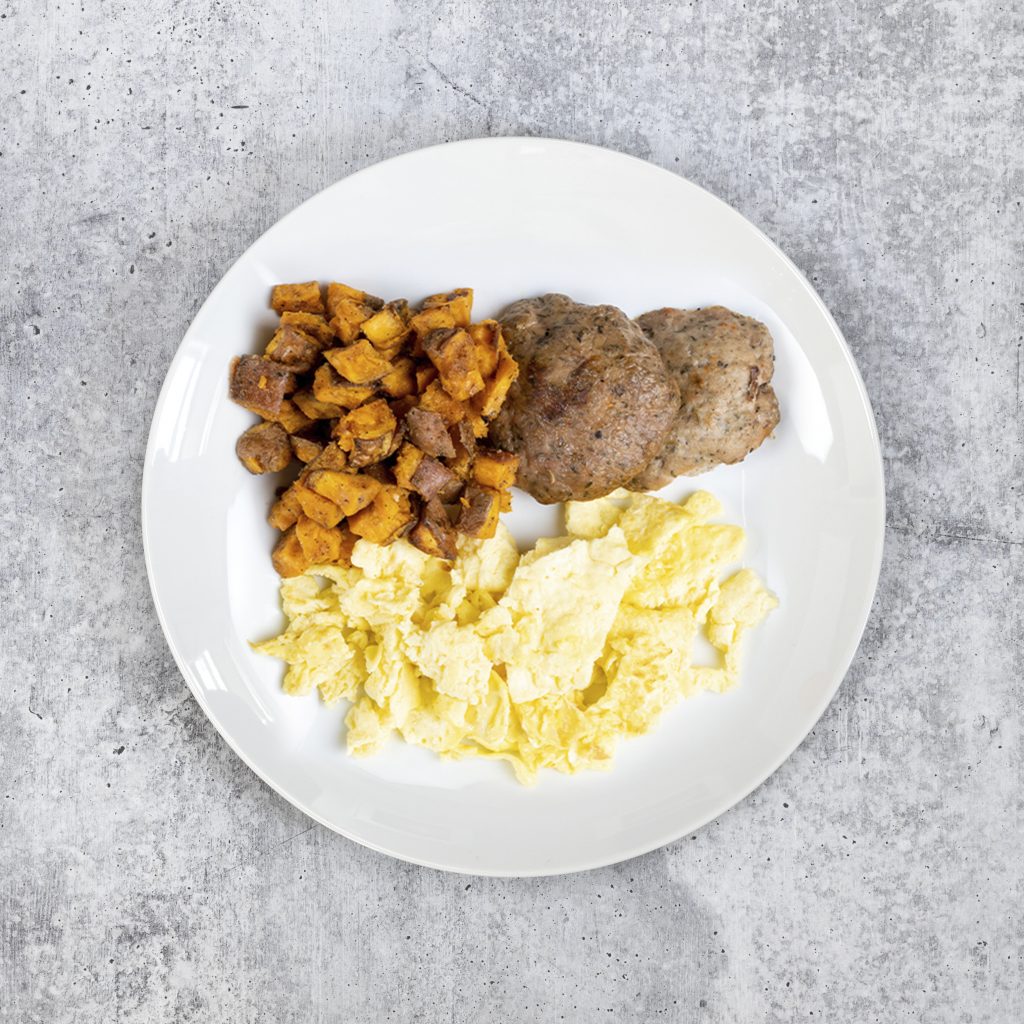 Scrambled Eggs with Maple Turkey Sausage & Sweet Potato Hash Fit AF Nutrition