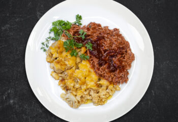 Smoked Gouda Cauliflower Mac & Cheese with BBQ Pulled Chicken